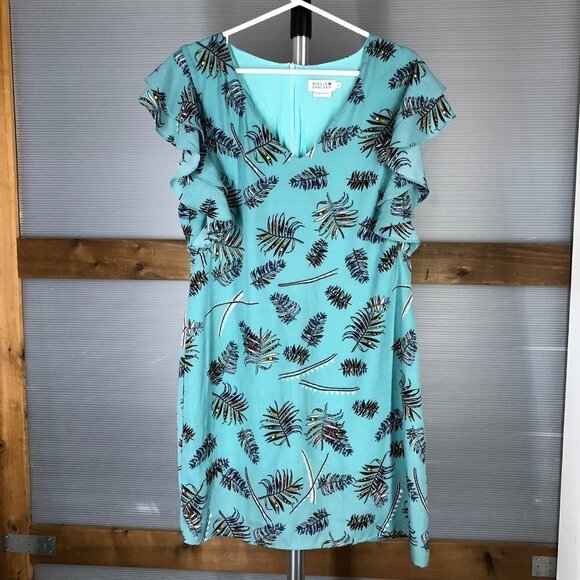 MOLLY BRACKEN Green Leaf Motif Lined Ruffle V Neck Dress Sz L - Picture 1 of 6